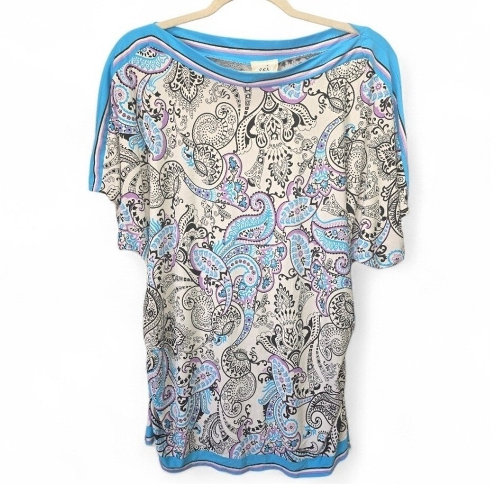 ECI New York XL Paisley Boatneck Ruched Sides Short Sleeve Top Classic Chic Work